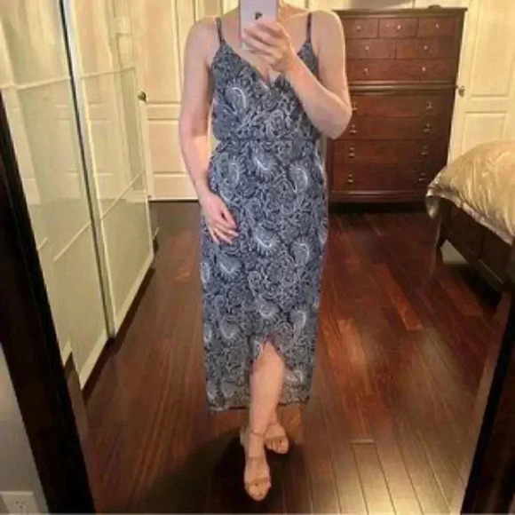 Smart Set Maxi Dress Wrap Front Sheer Flowy Hi Low Asymmetric  Blue Paisley XS - Picture 12 of 15